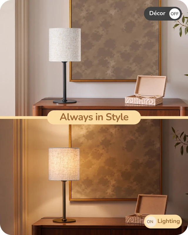 Alt view image 7 of 7 - Small Table Lamp, Beige Linen Lampshade, E26 Socket, Metal Base | Inline ON-OFF Switch, 14.96" Boho Cute Bedside Lamp, Minimalist Nightstand Lamp for Bedroom, Living Room, Porch