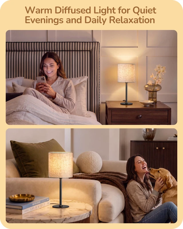 Alt view image 6 of 7 - Small Table Lamp, Beige Linen Lampshade, E26 Socket, Metal Base | Inline ON-OFF Switch, 14.96" Boho Cute Bedside Lamp, Minimalist Nightstand Lamp for Bedroom, Living Room, Porch