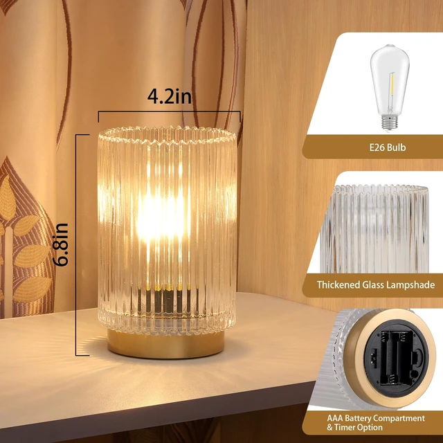 Alt view image 2 of 7 - Cordless Table Lamp with Timer, Bedside Lamps with LED Warm Light | 3AAA Battery Operated, Glass Small Desk Lamp for Bedroom, Bathroom, Living Room, Home Decor