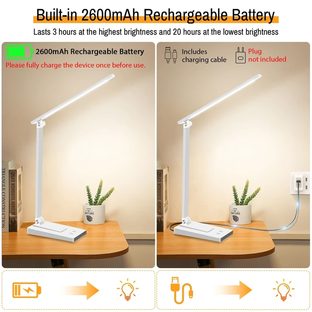 Alt view image 2 of 7 - Rechargeable LED Desk Lamp, 5 Color Modes with 5 Brightness | 800LM 2600mAh Reading Table Lamp, Aluminum Bedside Lamp with USB Charging Port for Study Home Office, White