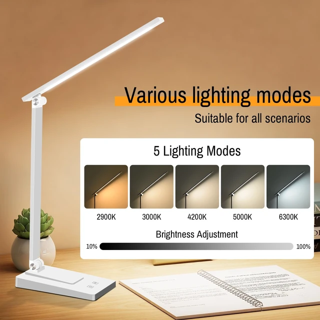 Alt view image 4 of 7 - Rechargeable LED Desk Lamp, 5 Color Modes with 5 Brightness | 800LM 2600mAh Reading Table Lamp, Aluminum Bedside Lamp with USB Charging Port for Study Home Office, White