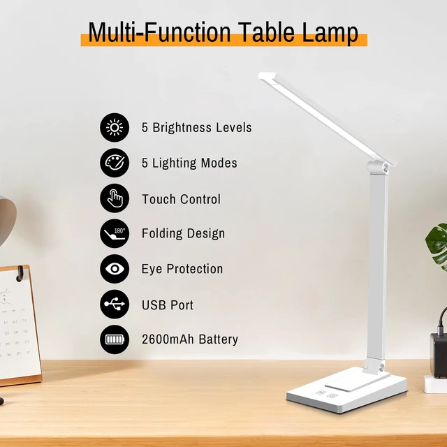 Alt view image 3 of 7 - Rechargeable LED Desk Lamp, 5 Color Modes with 5 Brightness | 800LM 2600mAh Reading Table Lamp, Aluminum Bedside Lamp with USB Charging Port for Study Home Office, White
