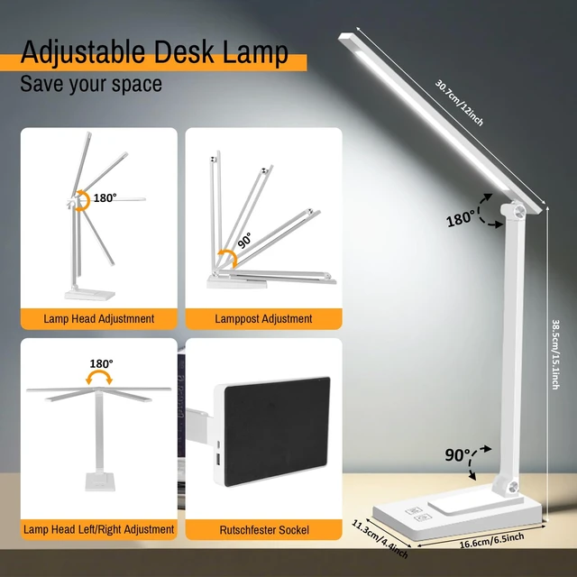Alt view image 6 of 7 - Rechargeable LED Desk Lamp, 5 Color Modes with 5 Brightness | 800LM 2600mAh Reading Table Lamp, Aluminum Bedside Lamp with USB Charging Port for Study Home Office, White
