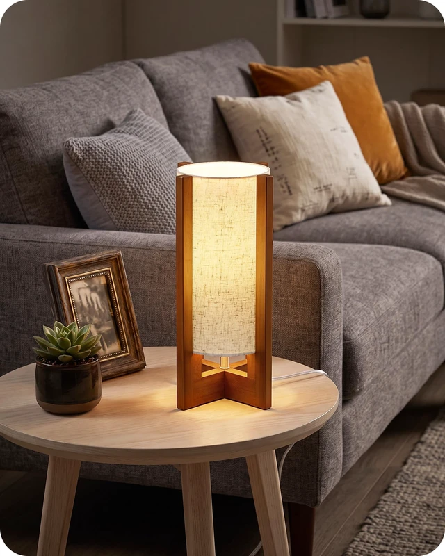 Alt view image 2 of 7 - Small Table Lamp, 13.4" Wood Bedside Lamp with A19 LED Bulb | 3 Color Temperatures & Night Light, Beige Linen Shade, Wooden Base, E26 Modern Nightstand Lamp for Bedroom, Living Room