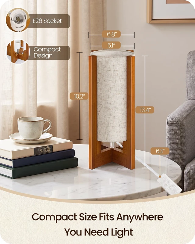 Alt view image 7 of 7 - Small Table Lamp, 13.4" Wood Bedside Lamp with A19 LED Bulb | 3 Color Temperatures & Night Light, Beige Linen Shade, Wooden Base, E26 Modern Nightstand Lamp for Bedroom, Living Room