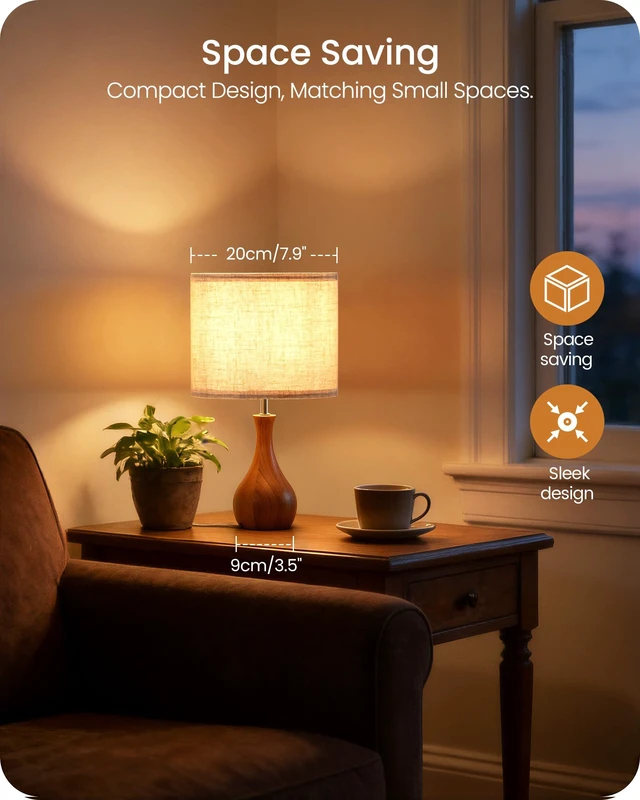 Alt view image 2 of 7 - Small Table Lamp, 14.2" Wood Bedside Lamp, Little Cute Desk Lamp with Dark Wood Bottle-Shaped Base & Beige Linen Lampshade, Nightstand Lamp for Bedroom, Small Space, E26 Socket, LE09TL05