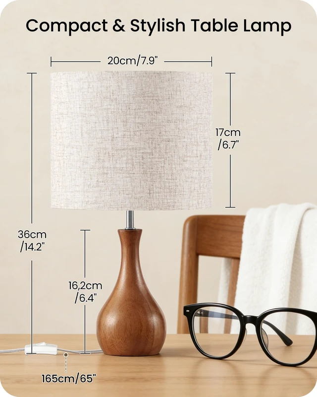 Alt view image 3 of 7 - Small Table Lamp, 14.2" Wood Bedside Lamp, Little Cute Desk Lamp with Dark Wood Bottle-Shaped Base & Beige Linen Lampshade, Nightstand Lamp for Bedroom, Small Space, E26 Socket, LE09TL05