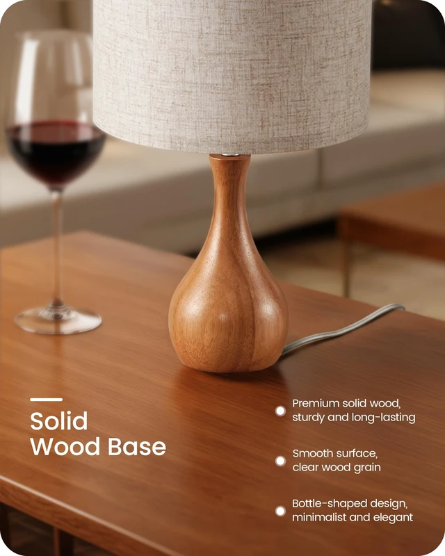 Alt view image 5 of 7 - Small Table Lamp, 14.2" Wood Bedside Lamp, Little Cute Desk Lamp with Dark Wood Bottle-Shaped Base & Beige Linen Lampshade, Nightstand Lamp for Bedroom, Small Space, E26 Socket, LE09TL05