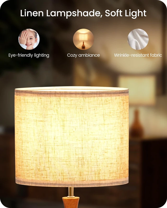 Alt view image 4 of 7 - Small Table Lamp, 14.2" Wood Bedside Lamp, Little Cute Desk Lamp with Dark Wood Bottle-Shaped Base & Beige Linen Lampshade, Nightstand Lamp for Bedroom, Small Space, E26 Socket, LE09TL05