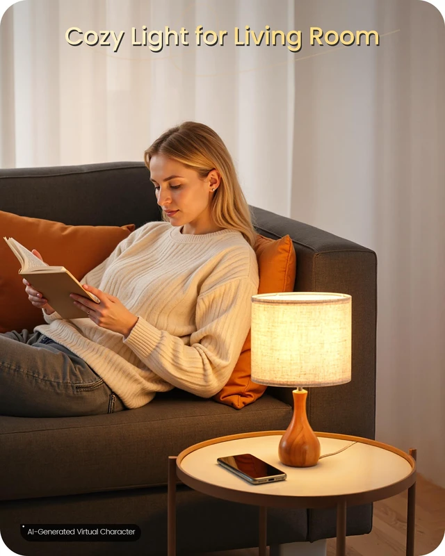 Alt view image 7 of 7 - Small Table Lamp, 14.2" Wood Bedside Lamp, Little Cute Desk Lamp with Dark Wood Bottle-Shaped Base & Beige Linen Lampshade, Nightstand Lamp for Bedroom, Small Space, E26 Socket, LE09TL05