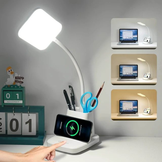 Main image of LED Desk Lamp with 10W Wireless Charging & Pen Holder, Snow White | CRI 95, 800LM, Stepless Dimming, 3 Modes, 360°Flexible Arm, Touch, Study Table Lamp for Home Office, Dorm Room, with Adapter