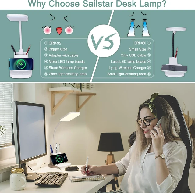 Alt view image 3 of 7 - LED Desk Lamp with 10W Wireless Charging & Pen Holder, Snow White | CRI 95, 800LM, Stepless Dimming, 3 Modes, 360°Flexible Arm, Touch, Study Table Lamp for Home Office, Dorm Room, with Adapter