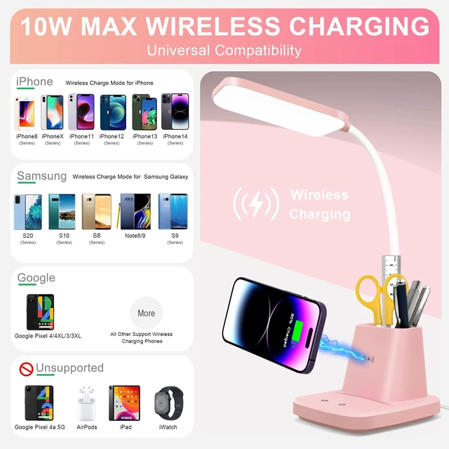 Alt view image 3 of 7 - LED Desk Lamp with 10W Wireless Charging & Pen Holder, Pink | CRI 95, 800LM, Stepless Dimming, 3 Modes, 360°Flexible Arm, Touch, Study Table Lamp for Home Office, Dorm Room, with Adapter