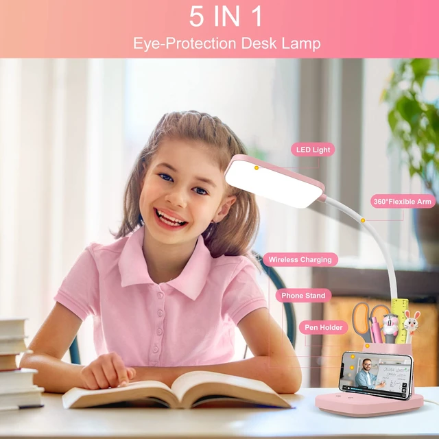 Alt view image 2 of 7 - LED Desk Lamp with 10W Wireless Charging & Pen Holder, Pink | CRI 95, 800LM, Stepless Dimming, 3 Modes, 360°Flexible Arm, Touch, Study Table Lamp for Home Office, Dorm Room, with Adapter