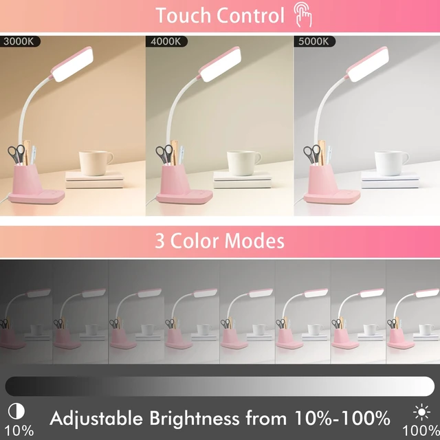 Alt view image 4 of 7 - LED Desk Lamp with 10W Wireless Charging & Pen Holder, Pink | CRI 95, 800LM, Stepless Dimming, 3 Modes, 360°Flexible Arm, Touch, Study Table Lamp for Home Office, Dorm Room, with Adapter