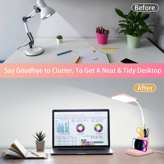 Alt view image 5 of 7 - LED Desk Lamp with 10W Wireless Charging & Pen Holder, Pink | CRI 95, 800LM, Stepless Dimming, 3 Modes, 360°Flexible Arm, Touch, Study Table Lamp for Home Office, Dorm Room, with Adapter