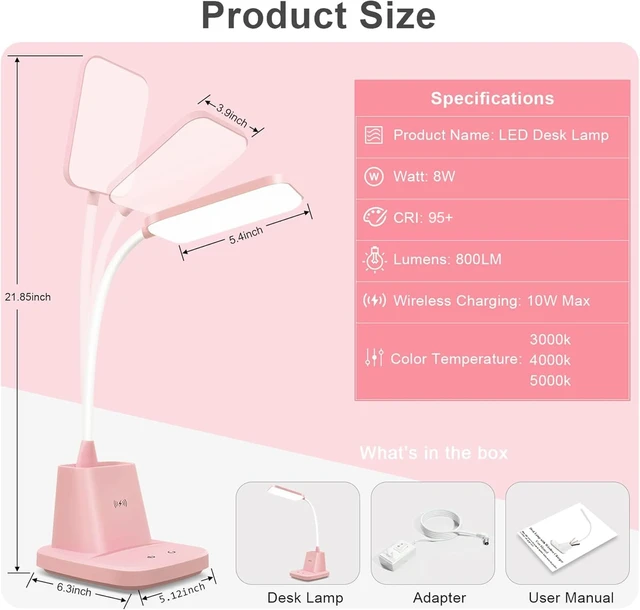 Alt view image 6 of 7 - LED Desk Lamp with 10W Wireless Charging & Pen Holder, Pink | CRI 95, 800LM, Stepless Dimming, 3 Modes, 360°Flexible Arm, Touch, Study Table Lamp for Home Office, Dorm Room, with Adapter