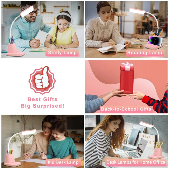 Alt view image 7 of 7 - LED Desk Lamp with 10W Wireless Charging & Pen Holder, Pink | CRI 95, 800LM, Stepless Dimming, 3 Modes, 360°Flexible Arm, Touch, Study Table Lamp for Home Office, Dorm Room, with Adapter