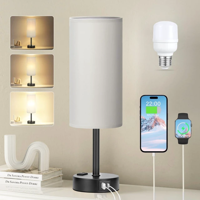 Main image of Grey Bedside Lamp for Bedroom, Dimmable Touch, USB A+C, AC Outlet | 3-Way Dimmable, LED Bulb Included, USB C+A Charging Ports, Grey Fabric Lampshade, Metal Base, 14" Small Table Lamp