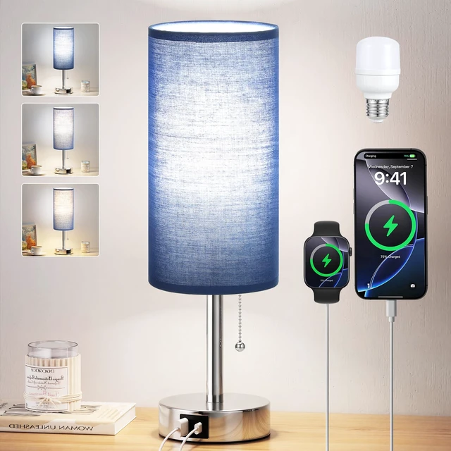 Main image of Blue Bedside Table Lamp for Bedroom - Small Nightstand Lamp for Girls | 3 Color Temp, USB A+C Ports, LED Bulb Included, Navy Blue Fabric Shade, Sleek Silver Metal Base, 14" Desk Lamp for Kids Dorm
