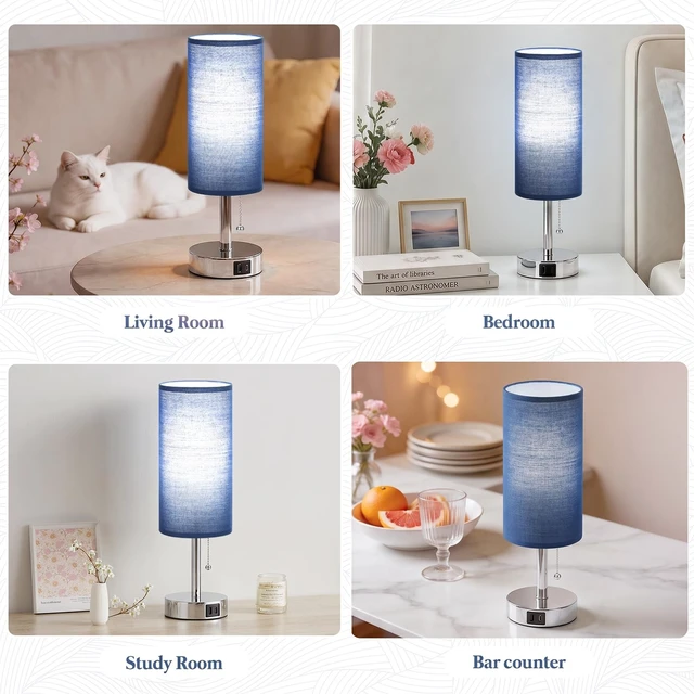 Alt view image 3 of 7 - Blue Bedside Table Lamp for Bedroom - Small Nightstand Lamp for Girls | 3 Color Temp, USB A+C Ports, LED Bulb Included, Navy Blue Fabric Shade, Sleek Silver Metal Base, 14" Desk Lamp for Kids Dorm