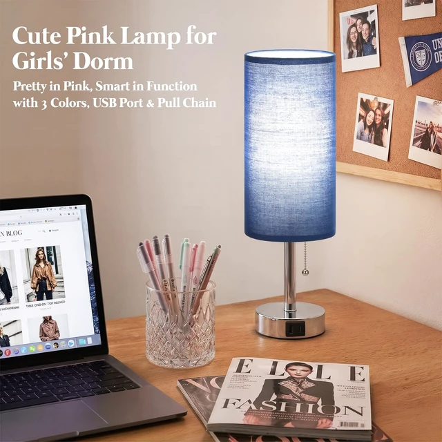 Alt view image 2 of 7 - Blue Bedside Table Lamp for Bedroom - Small Nightstand Lamp for Girls | 3 Color Temp, USB A+C Ports, LED Bulb Included, Navy Blue Fabric Shade, Sleek Silver Metal Base, 14" Desk Lamp for Kids Dorm