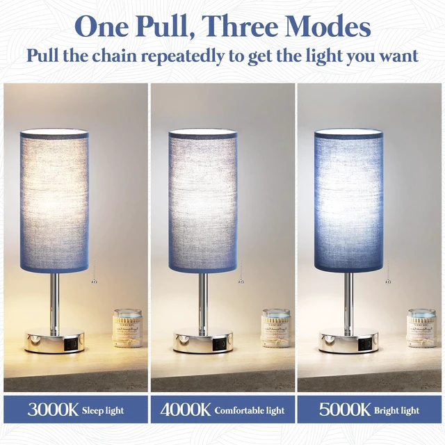 Alt view image 6 of 7 - Blue Bedside Table Lamp for Bedroom - Small Nightstand Lamp for Girls | 3 Color Temp, USB A+C Ports, LED Bulb Included, Navy Blue Fabric Shade, Sleek Silver Metal Base, 14" Desk Lamp for Kids Dorm