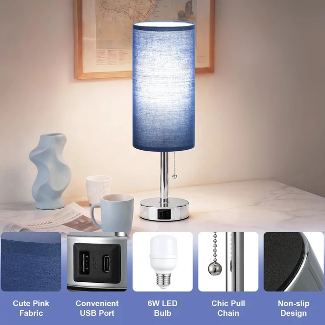 Alt view image 5 of 7 - Blue Bedside Table Lamp for Bedroom - Small Nightstand Lamp for Girls | 3 Color Temp, USB A+C Ports, LED Bulb Included, Navy Blue Fabric Shade, Sleek Silver Metal Base, 14" Desk Lamp for Kids Dorm