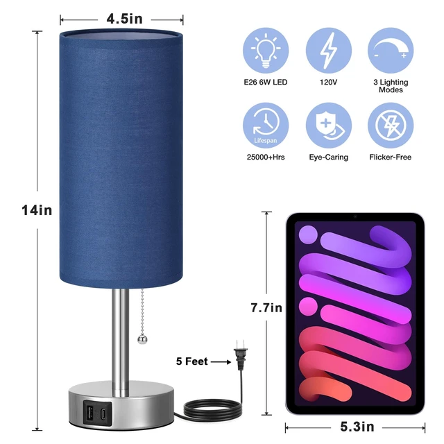 Alt view image 4 of 7 - Blue Bedside Table Lamp for Bedroom - Small Nightstand Lamp for Girls | 3 Color Temp, USB A+C Ports, LED Bulb Included, Navy Blue Fabric Shade, Sleek Silver Metal Base, 14" Desk Lamp for Kids Dorm