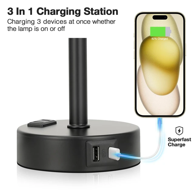 Alt view image 3 of 6 - Grey Bedside Lamp for Bedroom, Dimmable Touch, USB A+C, AC Outlet | 3-Way Dimmable, LED Bulb Included, USB C+A Charging Ports, Grey Fabric Lampshade, Metal Base, 14" Small Table Lamp