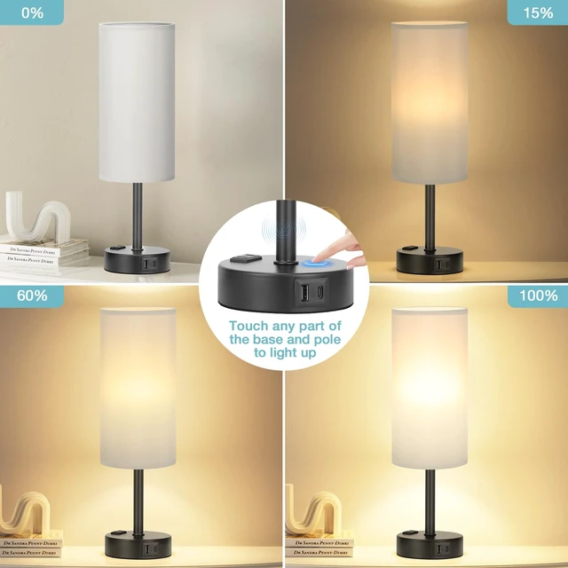 Alt view image 2 of 6 - Grey Bedside Lamp for Bedroom, Dimmable Touch, USB A+C, AC Outlet | 3-Way Dimmable, LED Bulb Included, USB C+A Charging Ports, Grey Fabric Lampshade, Metal Base, 14" Small Table Lamp