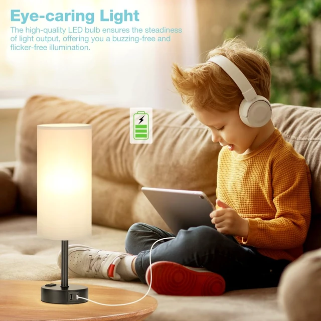 Alt view image 5 of 6 - Grey Bedside Lamp for Bedroom, Dimmable Touch, USB A+C, AC Outlet | 3-Way Dimmable, LED Bulb Included, USB C+A Charging Ports, Grey Fabric Lampshade, Metal Base, 14" Small Table Lamp
