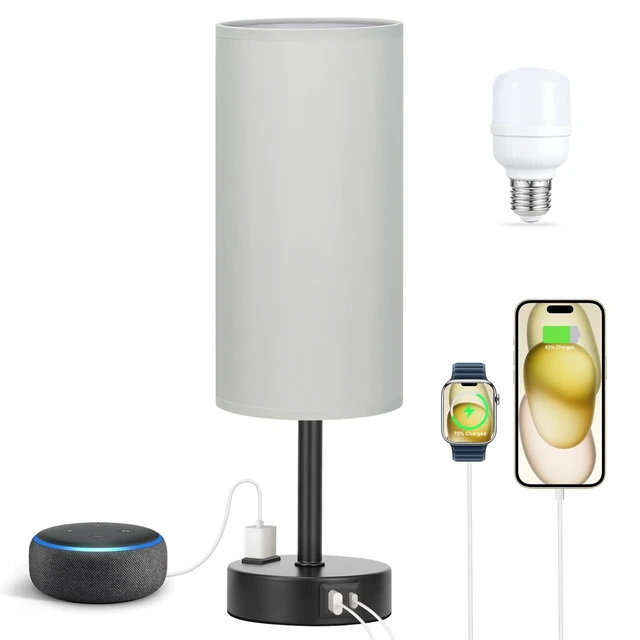 Alt view image 6 of 6 - Grey Bedside Lamp for Bedroom, Dimmable Touch, USB A+C, AC Outlet | 3-Way Dimmable, LED Bulb Included, USB C+A Charging Ports, Grey Fabric Lampshade, Metal Base, 14" Small Table Lamp