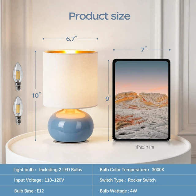 Alt view image 3 of 7 - Ceramic Table Lamps Set of 2, Modern Classic Bedside Lamps for Nightstand, Small Table Lamp for Bedroom Living Room Desk End Table(Blue)
