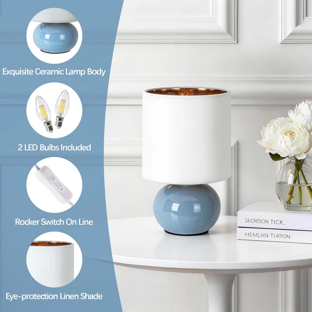 Alt view image 4 of 7 - Ceramic Table Lamps Set of 2, Modern Classic Bedside Lamps for Nightstand, Small Table Lamp for Bedroom Living Room Desk End Table(Blue)