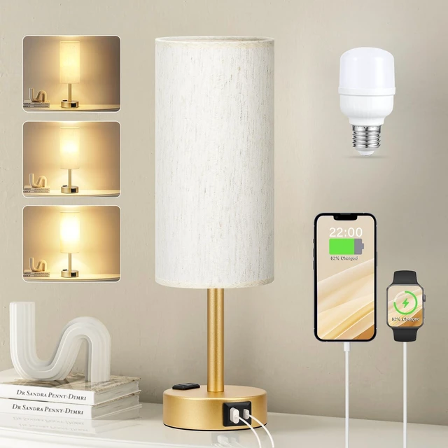 Main image of Gold Bedside Lamp for Bedroom, Dimmable Touch, USB A+C, AC Outlet | 3-Way Dimmable, LED Bulb Included, USB C+A Charging Ports, Cream Fabric Lampshade, Metal Base, 14in Small Table Lamp