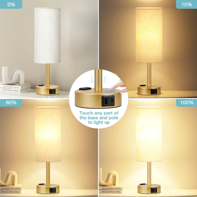 Alt view image 2 of 5 - Gold Bedside Lamp for Bedroom, Dimmable Touch, USB A+C, AC Outlet | 3-Way Dimmable, LED Bulb Included, USB C+A Charging Ports, Cream Fabric Lampshade, Metal Base, 14in Small Table Lamp