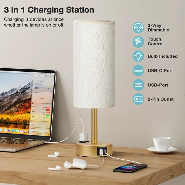 Alt view image 3 of 5 - Gold Bedside Lamp for Bedroom, Dimmable Touch, USB A+C, AC Outlet | 3-Way Dimmable, LED Bulb Included, USB C+A Charging Ports, Cream Fabric Lampshade, Metal Base, 14in Small Table Lamp