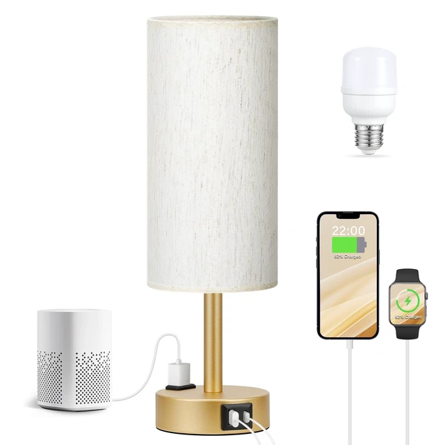 Alt view image 5 of 5 - Gold Bedside Lamp for Bedroom, Dimmable Touch, USB A+C, AC Outlet | 3-Way Dimmable, LED Bulb Included, USB C+A Charging Ports, Cream Fabric Lampshade, Metal Base, 14in Small Table Lamp