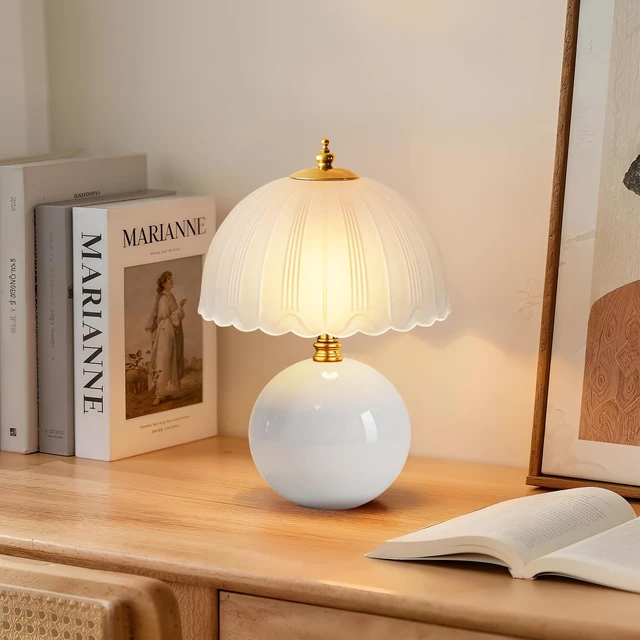Main image of Mushroom Table Lamp, Ceramic Bedside Lamp with Glass Shade, 3-Way Lighting (2700K-5000K) Rocker Switch, Small Nightstand Lamp for Bedroom, Living Room, Office, White