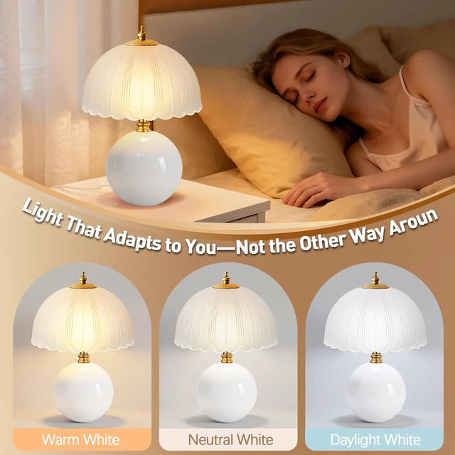 Alt view image 3 of 7 - Mushroom Table Lamp, Ceramic Bedside Lamp with Glass Shade, 3-Way Lighting (2700K-5000K) Rocker Switch, Small Nightstand Lamp for Bedroom, Living Room, Office, White