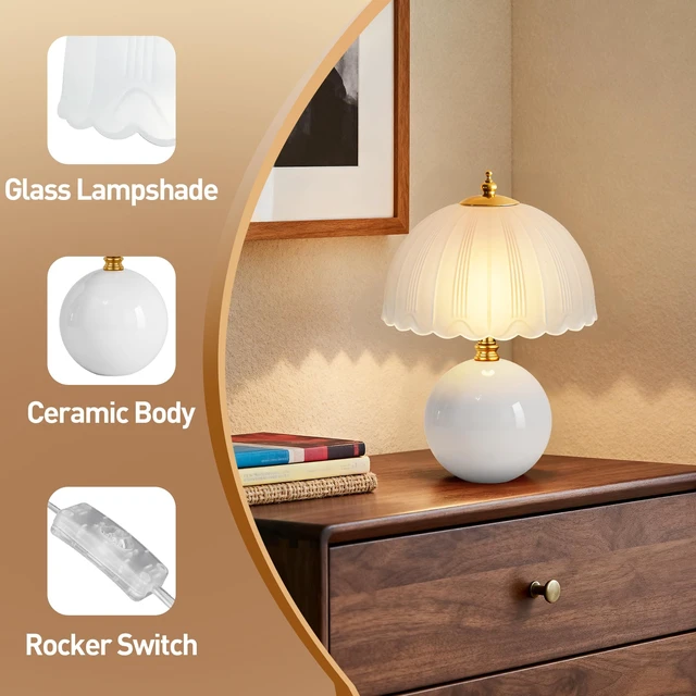 Alt view image 4 of 7 - Mushroom Table Lamp, Ceramic Bedside Lamp with Glass Shade, 3-Way Lighting (2700K-5000K) Rocker Switch, Small Nightstand Lamp for Bedroom, Living Room, Office, White
