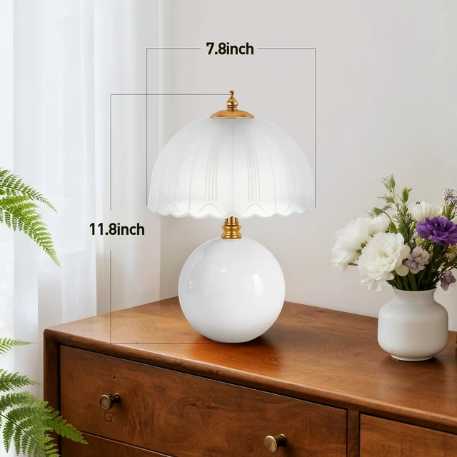 Alt view image 5 of 7 - Mushroom Table Lamp, Ceramic Bedside Lamp with Glass Shade, 3-Way Lighting (2700K-5000K) Rocker Switch, Small Nightstand Lamp for Bedroom, Living Room, Office, White