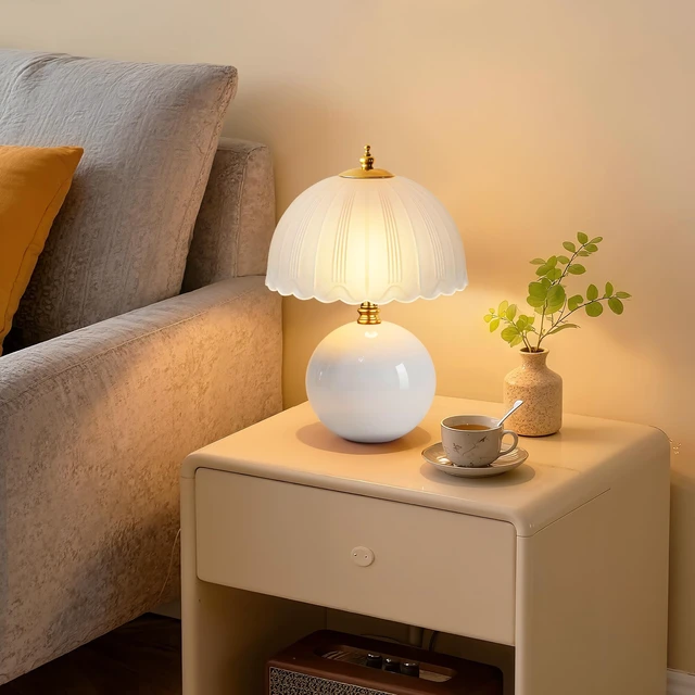 Alt view image 6 of 7 - Mushroom Table Lamp, Ceramic Bedside Lamp with Glass Shade, 3-Way Lighting (2700K-5000K) Rocker Switch, Small Nightstand Lamp for Bedroom, Living Room, Office, White