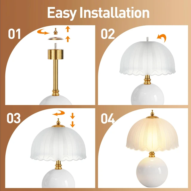 Alt view image 7 of 7 - Mushroom Table Lamp, Ceramic Bedside Lamp with Glass Shade, 3-Way Lighting (2700K-5000K) Rocker Switch, Small Nightstand Lamp for Bedroom, Living Room, Office, White