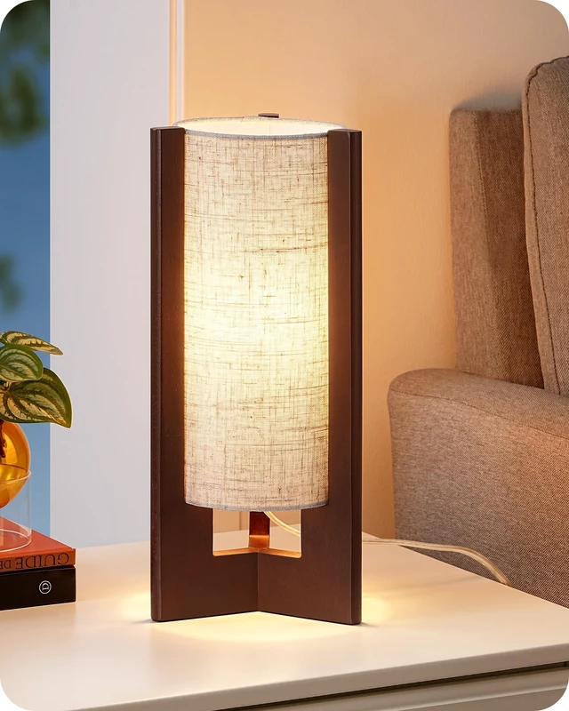Main image of Wood Table Lamp, 13.5" Small Bedside Lamp, Rosewood, E26 Base | Beige Linen Shade, Cylinder Base, On-Off Line Switch, Nightstand Lamp for Bedroom, Living Room, Office