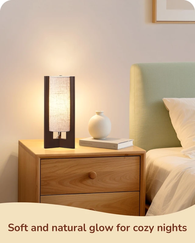 Alt view image 7 of 7 - Wood Table Lamp, 13.5" Small Bedside Lamp, Rosewood, E26 Base | Beige Linen Shade, Cylinder Base, On-Off Line Switch, Nightstand Lamp for Bedroom, Living Room, Office