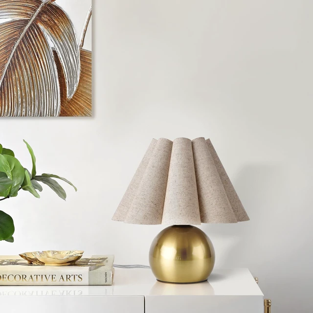 Alt view image 6 of 7 - Gold Small Bedside Table Lamp for Bedroom, Brass Gold Bedroom Lamps for Nightstand, Cute Mini Table Lamps for Small Spaces with Scalloped Shade for Kitchen Counter, Bookshelf, Living Room, Kids Dorm