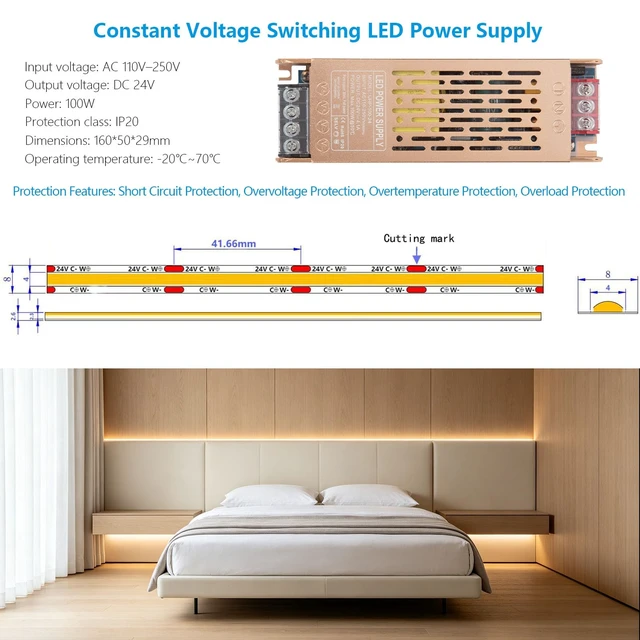 Alt view image 7 of 7 - 24V 32.8ft CCT COB LED Strip Lights with Remote and Power Supply | 2700K-6500K Dimmable Adhesive LED Tape Light CRI 93, LED Lights for Bedroom, Living Room, Kitchen, Office, 80W 800lm/m