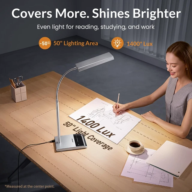 Alt view image 4 of 7 - Desk Lamp, 800LM LED for Home Office, True Eye-Caring for Reading | 50 Lighting Modes, 2X Wider Panel, 360° Flexible Gooseneck, Touch Control, 12W Bright Table Lamp for Dorm, Bedroom, Study
